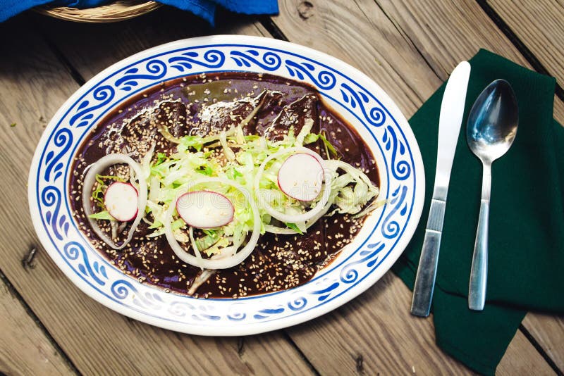Enchiladas mit Molesoße, traditionelle mexikanische Nahrung in Puebla Mexiko lizenzfreie stockfotos Enchiladas mit Molesoße, traditionelle mexikanische Nahrung in Puebla Mexiko lizenzfreie stockfotos