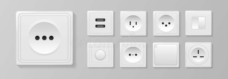 Enchufes de pared eléctricos blancos realistas con enchufes con