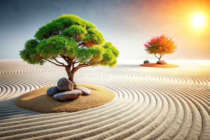 Encuentra serenidad en este tranquilo oasis de jardín zen Un retiro pintoresco con un árbol bonsái, arena rastrillada y ilustración del vector
