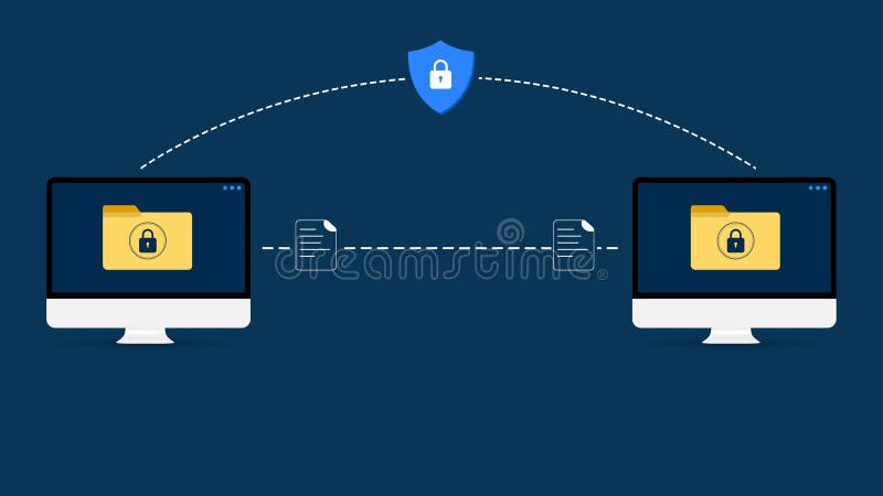 Encrypted and Secure data sharing between two computers concept background with lock in the center. Data transfer, online royalty free illustration