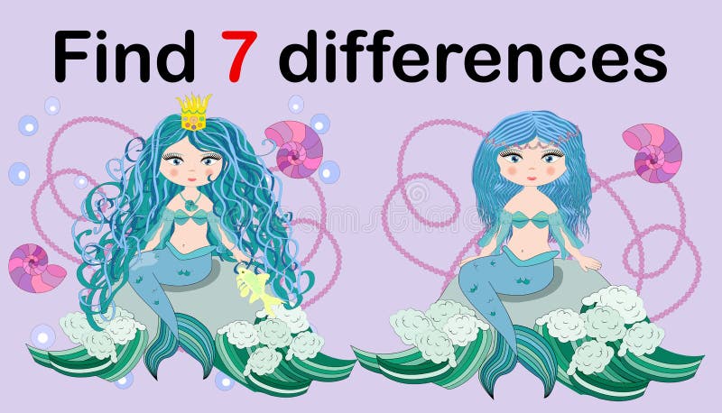 Find the difference the two illustration with sea mermaid. Children funny riddle entertainment. Sheet different toys construction equipment. Game tasks for attention. Mathematical exercise. Find the difference the two illustration with sea mermaid. Children funny riddle entertainment. Sheet different toys construction equipment. Game tasks for attention. Mathematical exercise.