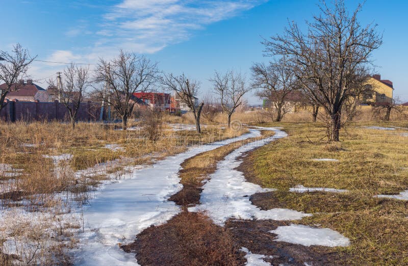 End of winter landscape in Ukrainian village