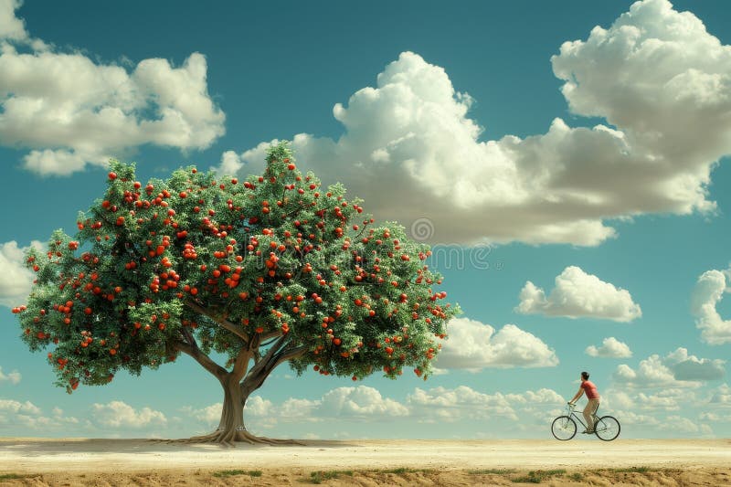 Endast cyklist på Dirt Road Ripe Apple Tree och Dramatic Cloudscape. Frihet Scenia Beauty royaltyfri illustrationer