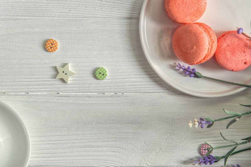 Endecha plana Cierre para arriba Coral de vida del color Macarons brillantes en una placa redonda, botones de un vintage, una lav imagen de archivo libre de regalías Endecha plana Cierre para arriba Coral de vida del color Macarons brillantes en una placa redonda, botones de un vintage, una lav imagen de archivo libre de regalías