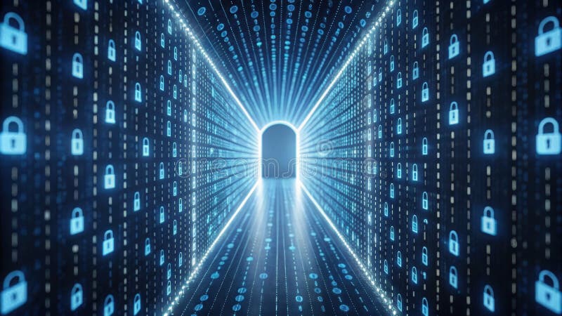 Endless data tunnel of binary code flowing with a lock symbolizing security in digital transactions stock illustration