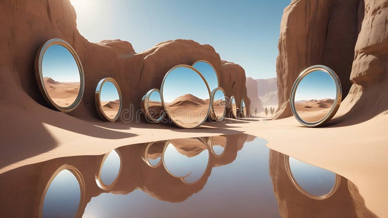 An endless desert with scattered colossal mirrors reflecting alternate realities, each creating unique distortions of