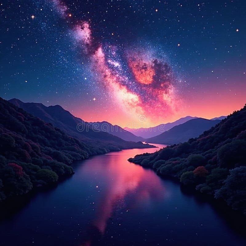 Endless star stream, vibrant nocturnal landscape, night scene, star trail royalty free illustration