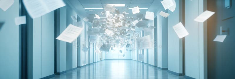 Endless stream of office files cascading in a dimly lit corridor reflecting chaos and stress in the workplace royalty free stock image