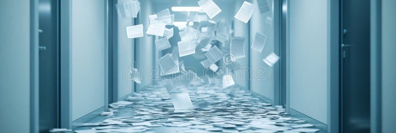 Endless stream of office files illustrates overwhelming workload in a dimly lit hallway. AI generated