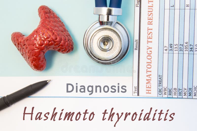 Endocrinology diagnosis Hashimoto`s Thyroiditis. Figure of thyroid gland, result of laboratory blood analysis, medical stethoscope lying near text inscriptions Hashimoto Thyroiditis doctor workplace. Endocrinology diagnosis Hashimoto`s Thyroiditis. Figure of thyroid gland, result of laboratory blood analysis, medical stethoscope lying near text inscriptions Hashimoto Thyroiditis doctor workplace