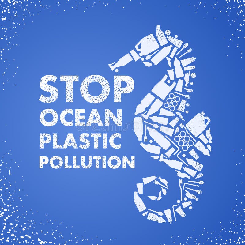 Endozeanplastikverschmutzung Ökologisches Plakat Seepferdchen bestanden aus weißer überschüssiger Plastiktasche, Flasche auf blau lizenzfreie abbildung