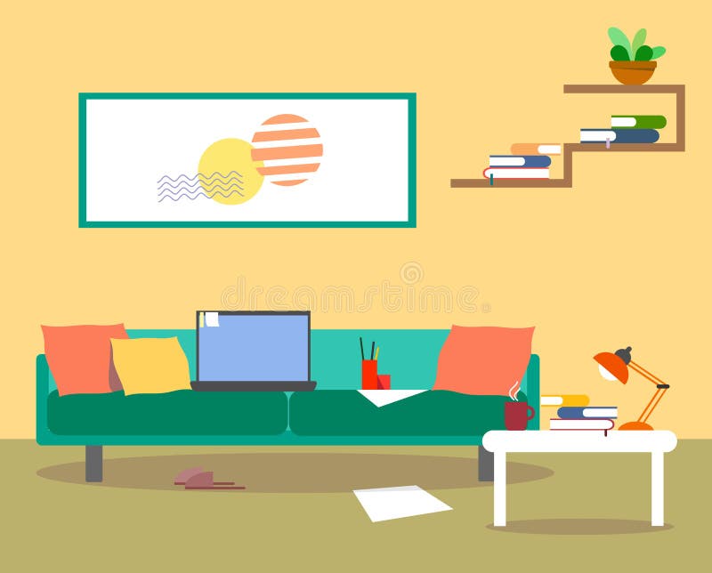Endroit de travail à domicile sur un sofa confortable derrière un ordinateur portable et une tasse de thé chaud dans une concepti illustration de vecteur Endroit de travail à domicile sur un sofa confortable derrière un ordinateur portable et une tasse de thé chaud dans une concepti illustration de vecteur