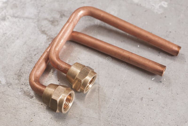 Ends of Copper Tubes for Plumbing with Various Fittings Stock Image
