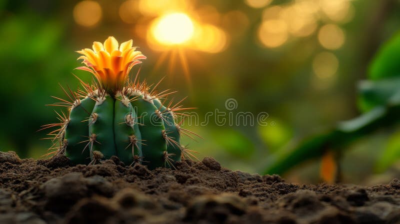 The endurance, development, and hope symbolized by a row of tiny cacti flourishing in the desert sand at sunset stock photography