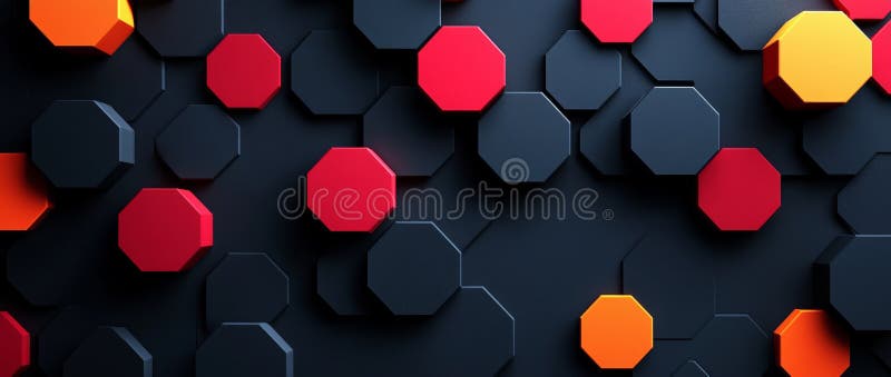 An energetic abstract scene with interconnected hexagons in tones of orange, red, and black. The shiny surface reflects royalty free stock images