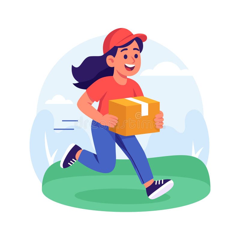 An energetic courier woman runs fast while delivering a package box, flat illustration royalty free illustration