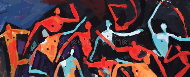 Energetic Group of people together dancing and having fun, fresco banner illustration, grunge art and graffiti painting. Exciting