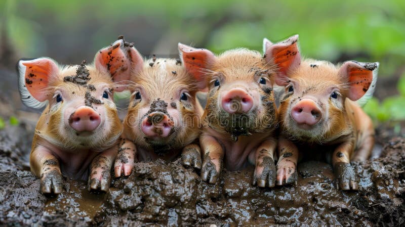 Energetic and joyful piglets playfully frolicking in a muddy puddle with high spirits vector illustration