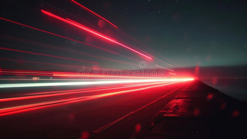 Energetic light beams pierce the night sky mirroring the pulse of the oceans waves royalty free stock images