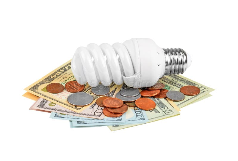 Energy saving light bulb and money on white. Energy saving light bulb and money on white