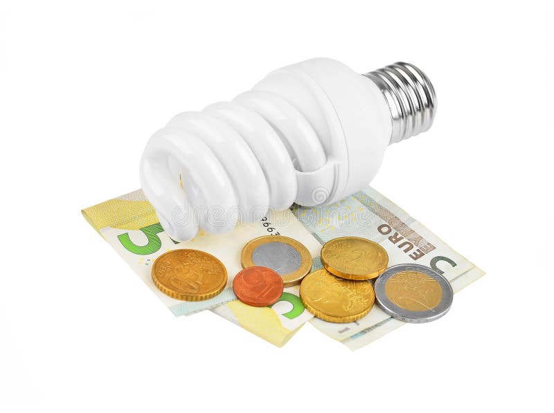 Energy saving light bulb and money on white. Energy saving light bulb and money on white