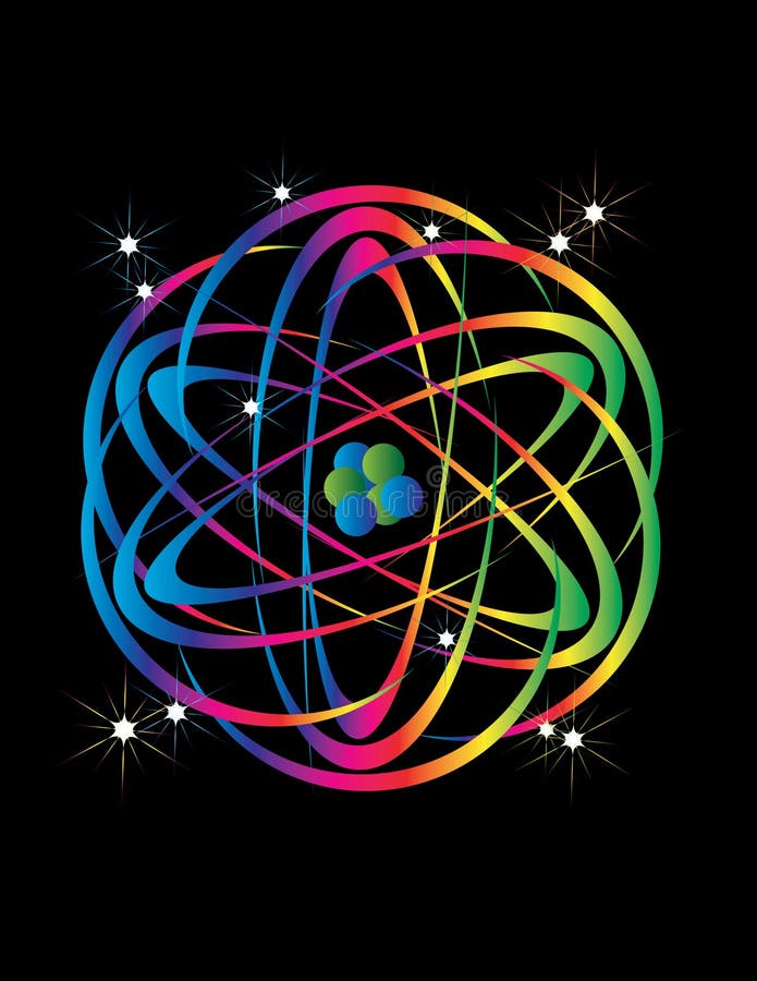 Rainbow colors and an atomic energy symbol are featured in an abstract background illustration. Rainbow colors and an atomic energy symbol are featured in an abstract background illustration.