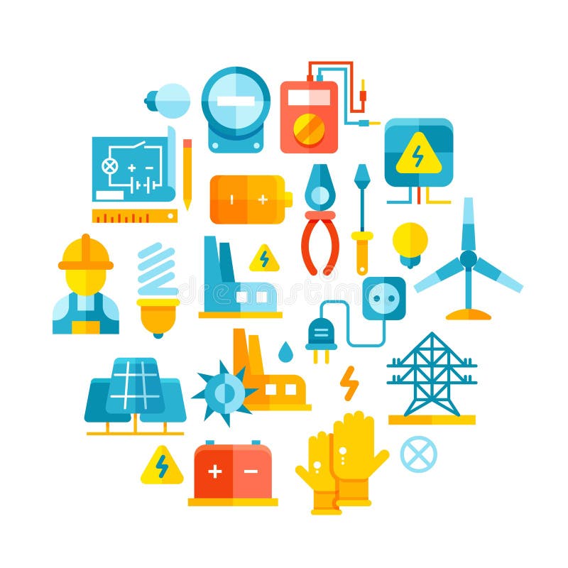 Energia elétrica, linhas elétricas, conceito do vetor da eletricidade com ícones lisos ilustração stock Energia elétrica, linhas elétricas, conceito do vetor da eletricidade com ícones lisos ilustração stock