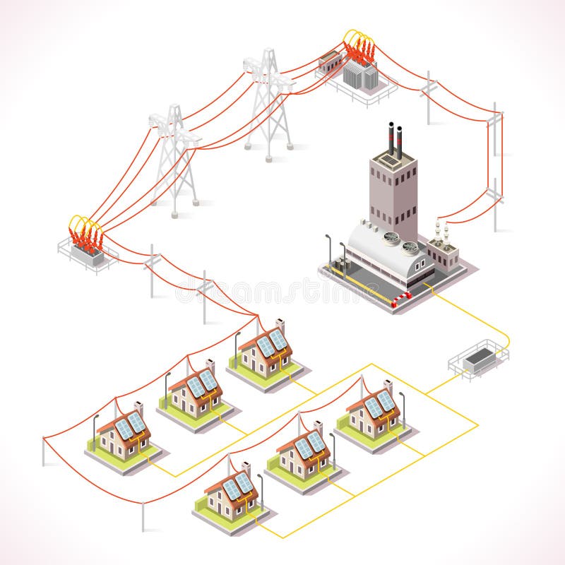 Electric Energy Distribution Chain Infographic Concept. Isometric 3d Electricity Grid Elements Power Grid Powerhouse Providing Electricity Supply to the City Buildings and Houses. Electric Energy Distribution Chain Infographic Concept. Isometric 3d Electricity Grid Elements Power Grid Powerhouse Providing Electricity Supply to the City Buildings and Houses