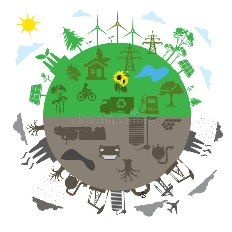 Energia odnawialna versus tradycyjny energetyczny pojęcie w płaskim projekcie, app, sztandar royalty ilustracja Energia odnawialna versus tradycyjny energetyczny pojęcie w płaskim projekcie, app, sztandar royalty ilustracja
