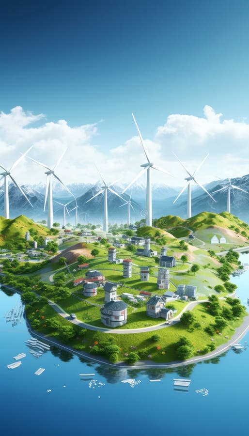 Energia odnawialna w działaniu. panele słoneczne turbiny wiatrowe energia hydroelektryczna dla zrównoważonego życia ilustracja wektor