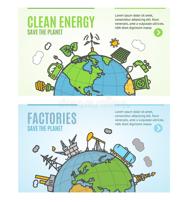 Ecology Flyer Clean Energy and Factories Banner Posters Card Set Environmental Pollution wich Landscape Planet. Vector illustration. Ecology Flyer Clean Energy and Factories Banner Posters Card Set Environmental Pollution wich Landscape Planet. Vector illustration