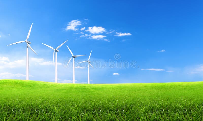 Energia renovável com turbinas eólicas Turbina eólica em montes verdes Fundo ambiental da ecologia para apresentações e Web site