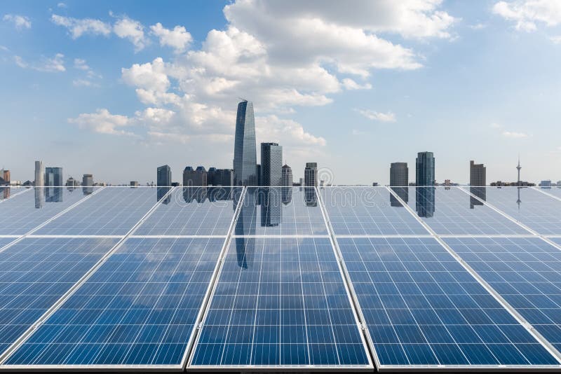 Roof solar energy panels reflected modern city skyline. Roof solar energy panels reflected modern city skyline