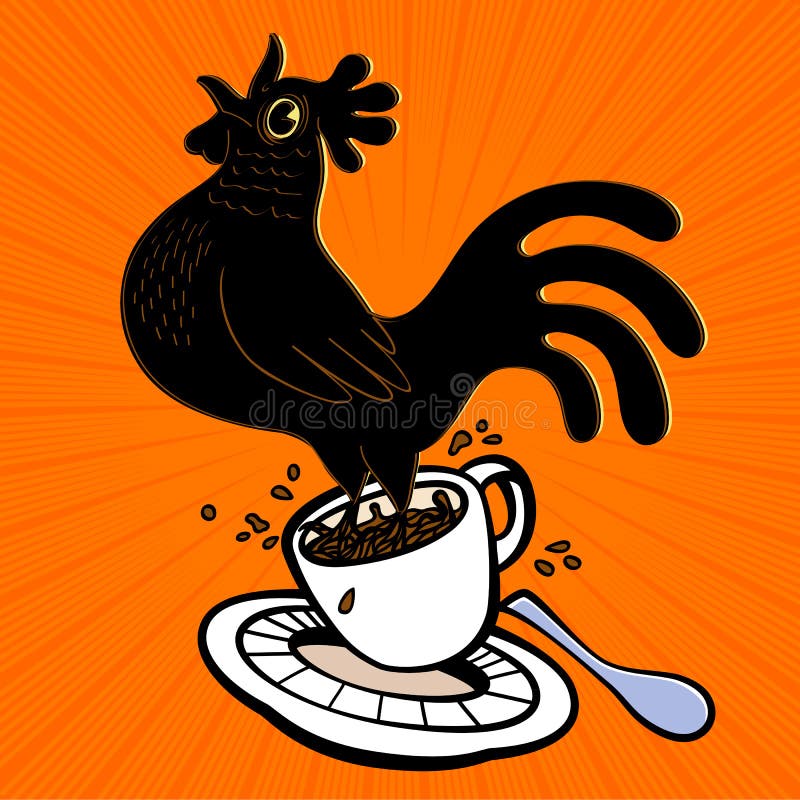 Energiczny kawy espresso kreskówki kogut skacze od filiżanki i śpiewu przy cockcrow, wczesny ptak