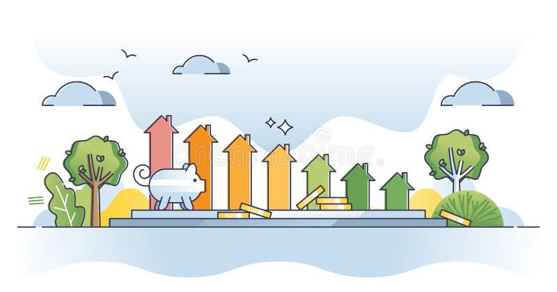 Energieffektivitet i bostäder med effektiv konturdiagram för isolering royaltyfri illustrationer