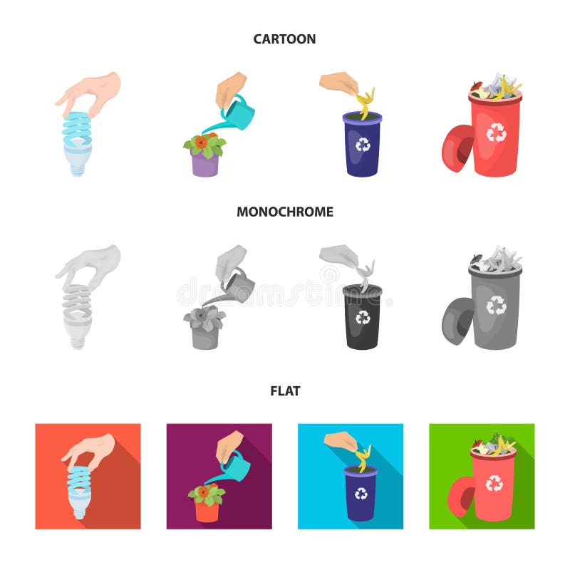 Energiesparende Glühlampe, einen Houseplant und andere Netzikone in der Karikatur wässernd, flache, einfarbige Art Mülleimer mit stock abbildung Energiesparende Glühlampe, einen Houseplant und andere Netzikone in der Karikatur wässernd, flache, einfarbige Art Mülleimer mit stock abbildung