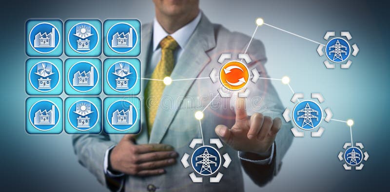 Energiestafmedewerker die machtsoverdracht tussen een fabriek van de grote schaalbatterij en het elektriciteitsnet in werking ste royalty-vrije stock fotografie Energiestafmedewerker die machtsoverdracht tussen een fabriek van de grote schaalbatterij en het elektriciteitsnet in werking ste royalty-vrije stock fotografie