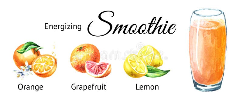 Energizing smoothie with orange, grapefruit and lemon. Watercolor hand drawn illustration isolated on white background. stock photos Energizing smoothie with orange, grapefruit and lemon. Watercolor hand drawn illustration isolated on white background. stock photos