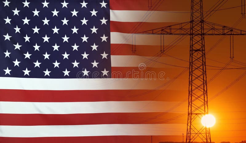 Energy Concept USA Flag with sunset power pole