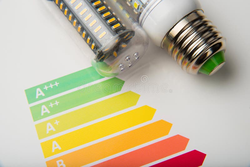 Energy Efficiency Concept With Energy Rating Chart And LED Lamp Stock