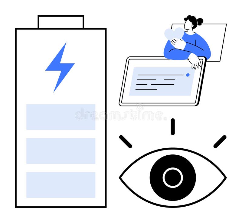 Energy Efficiency and Digital Interaction with Battery, Eye, and User Interface Elements royalty free illustration