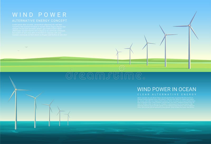 Energy horizontal concept backgrounds with wind turbines in green meadow field and ocean sea. royalty free illustration Energy horizontal concept backgrounds with wind turbines in green meadow field and ocean sea. royalty free illustration