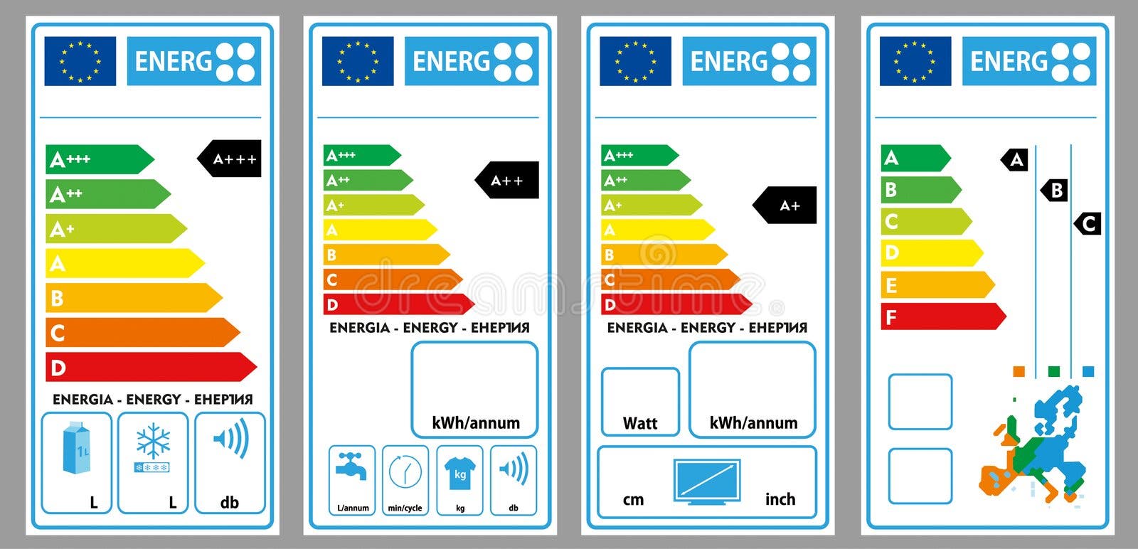 Energy Labels with Skyscrapers on White Background Stock Vector