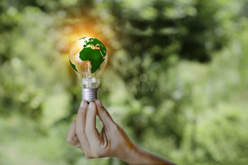 Energy Renewable Sustainable. Green World in Bulb on Nature Green Grass