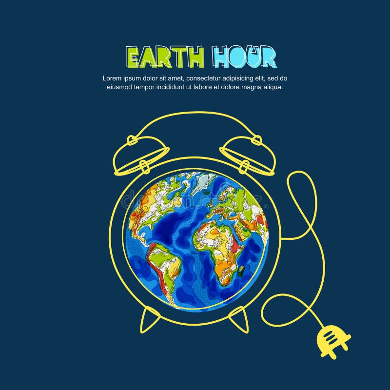 Energy saving and Earth hour concept. Vector illustration of green Earth planet in alarm clock shape on blue background. stock illustration Energy saving and Earth hour concept. Vector illustration of green Earth planet in alarm clock shape on blue background. stock illustration
