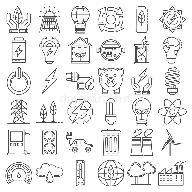 Energy saving icon set, outline style