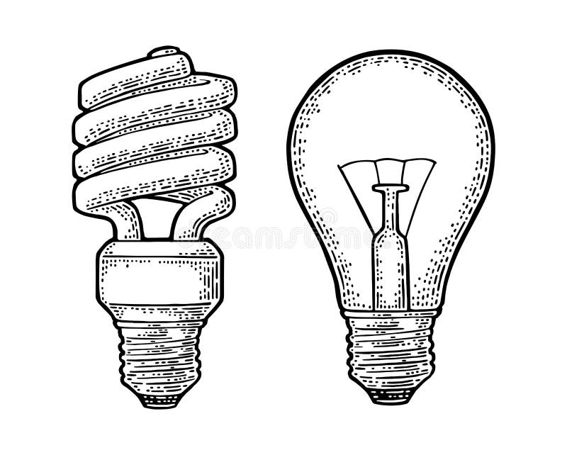 Energy saving spiral lamp and glowing light incandescent bulb. Engraving stock illustration Energy saving spiral lamp and glowing light incandescent bulb. Engraving stock illustration