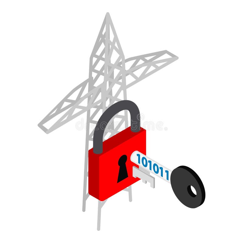 Energy security icon isometric vector. Key with binary code and power line pylon stock illustration