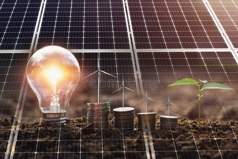 energía limpia del concepto y poder de ahorro en naturaleza el panel solar con turebine del viento en el dinero y la bombilla