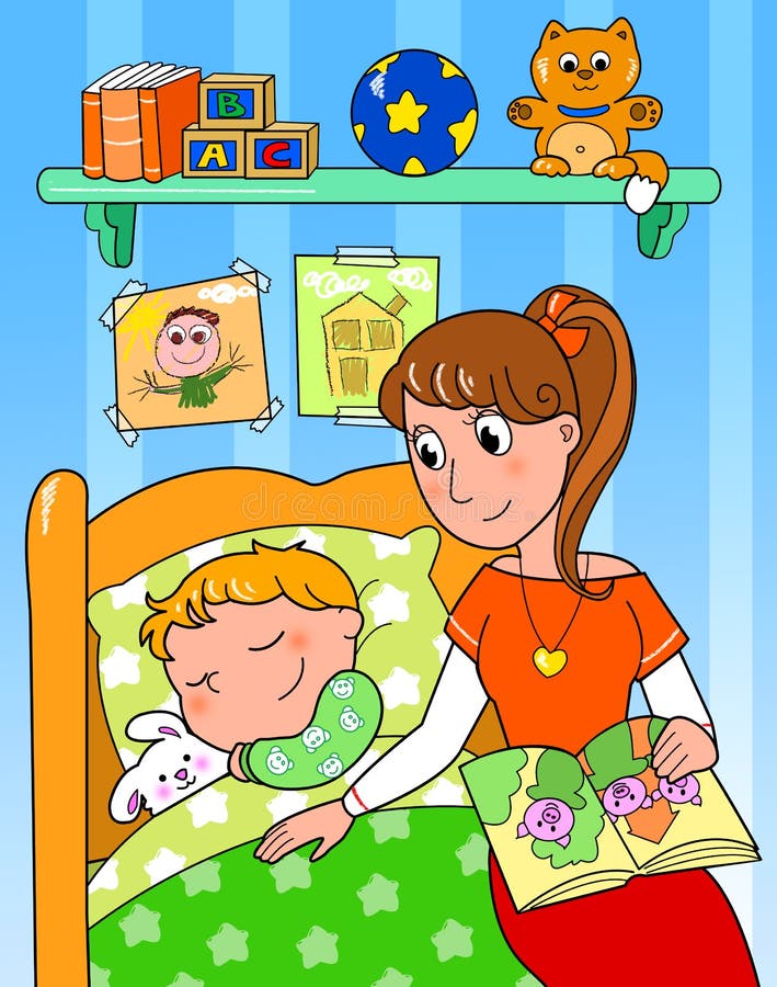 Young boy sleeping in his bedroom with mom. Digital cartoon illustration. Young boy sleeping in his bedroom with mom. Digital cartoon illustration.